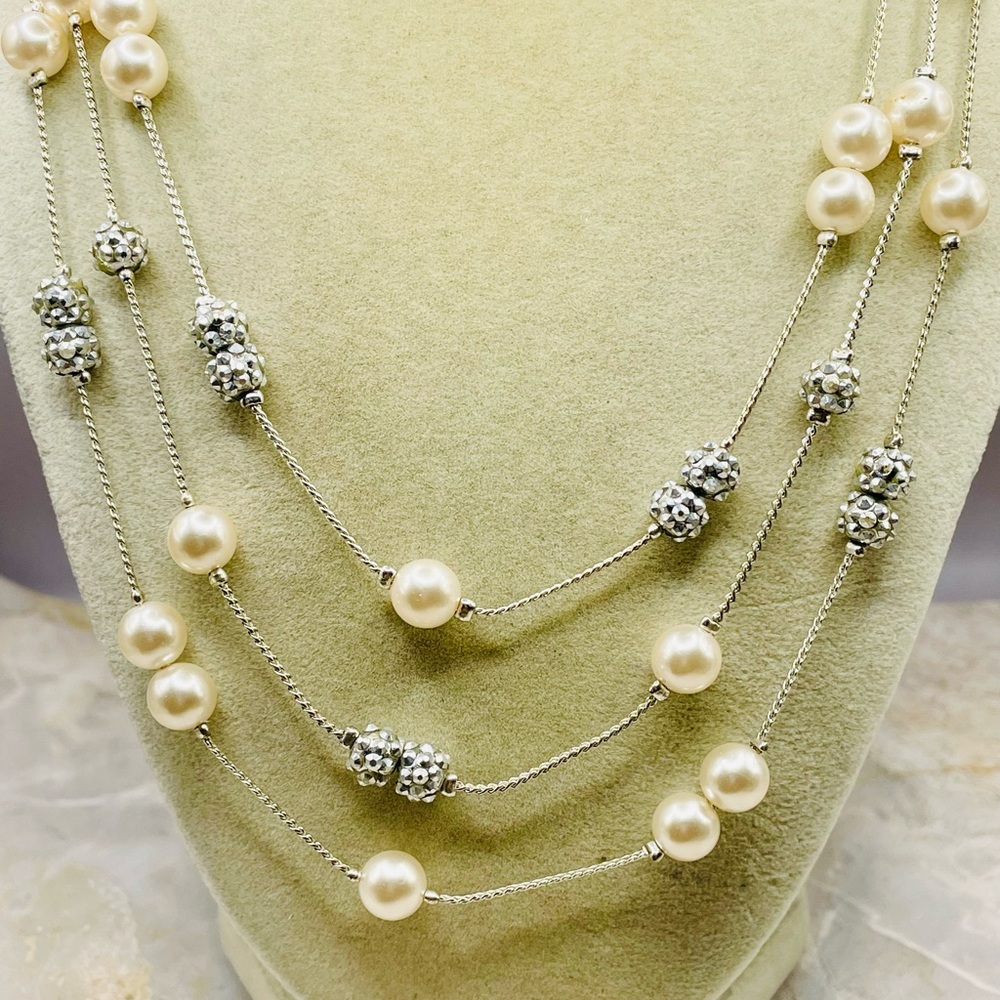 RMN Triple Strand Necklace with Pearls and Silver Rhinestone Beads. 20 inches